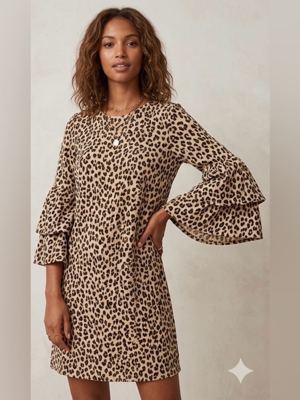 H&M Leopard Print Ruffle Bell Sleeve Viscose Shift Mini Dress Size 8 EUC